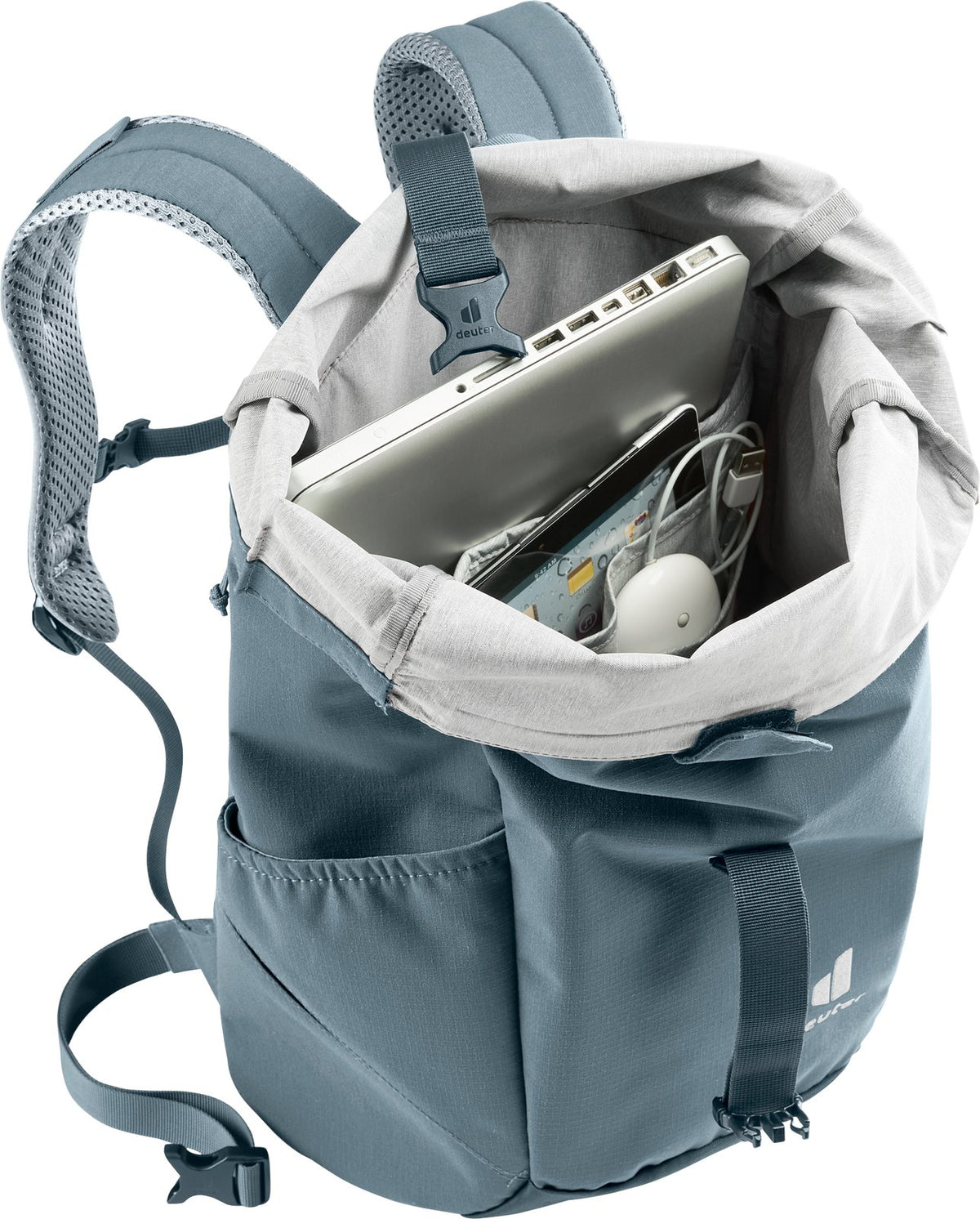 Deuter Stepout 22 open at the top, showing a laptop and organiser pockets inside
