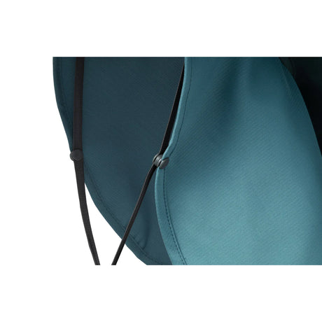 Close-up of the Backdrop Boonie neck cape edge and chinstrap cord lock