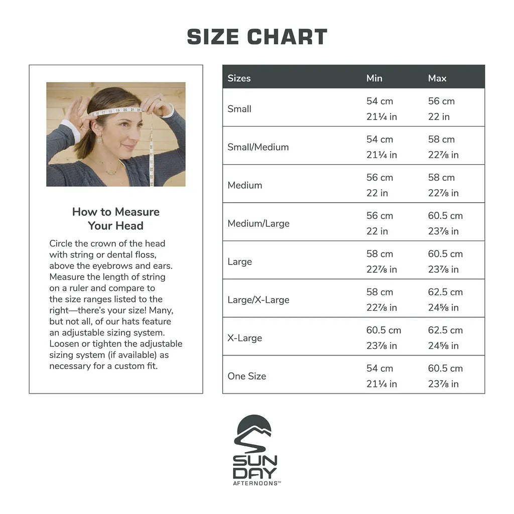 Sunday Afternoons adult hat size chart with head measuring guide, in cm and inches