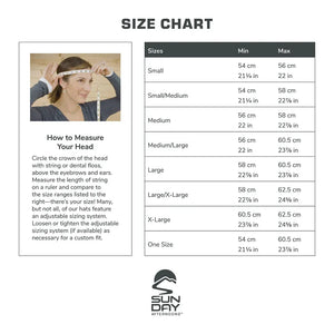 Sunday Afternoons adult hat size chart with head measuring guide, in cm and inches