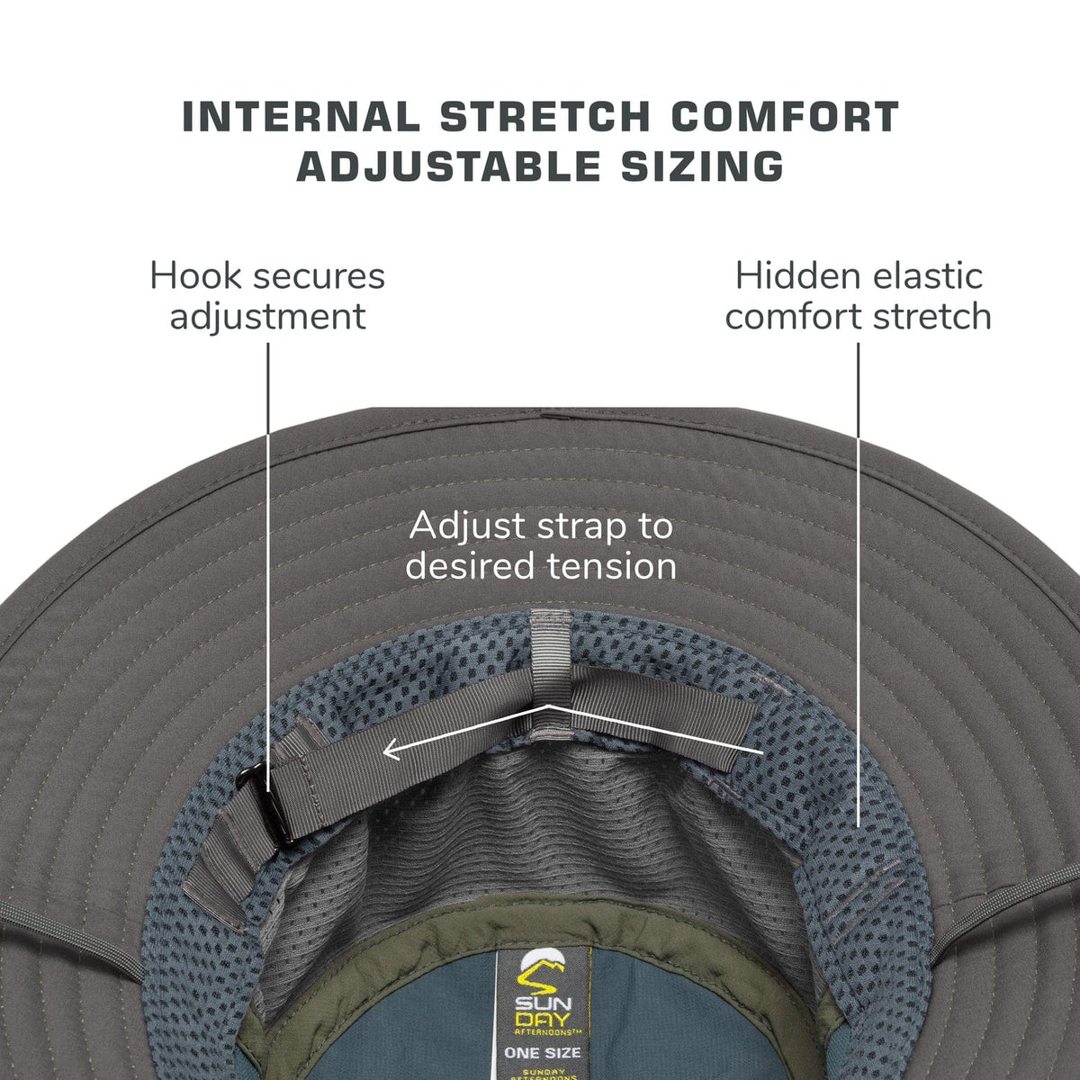 Labelled diagram of the Brushline stretch-comfort sizing: hook, adjust strap and hidden elastic
