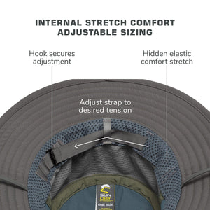 Labelled diagram of the Brushline stretch-comfort sizing: hook, adjust strap and hidden elastic
