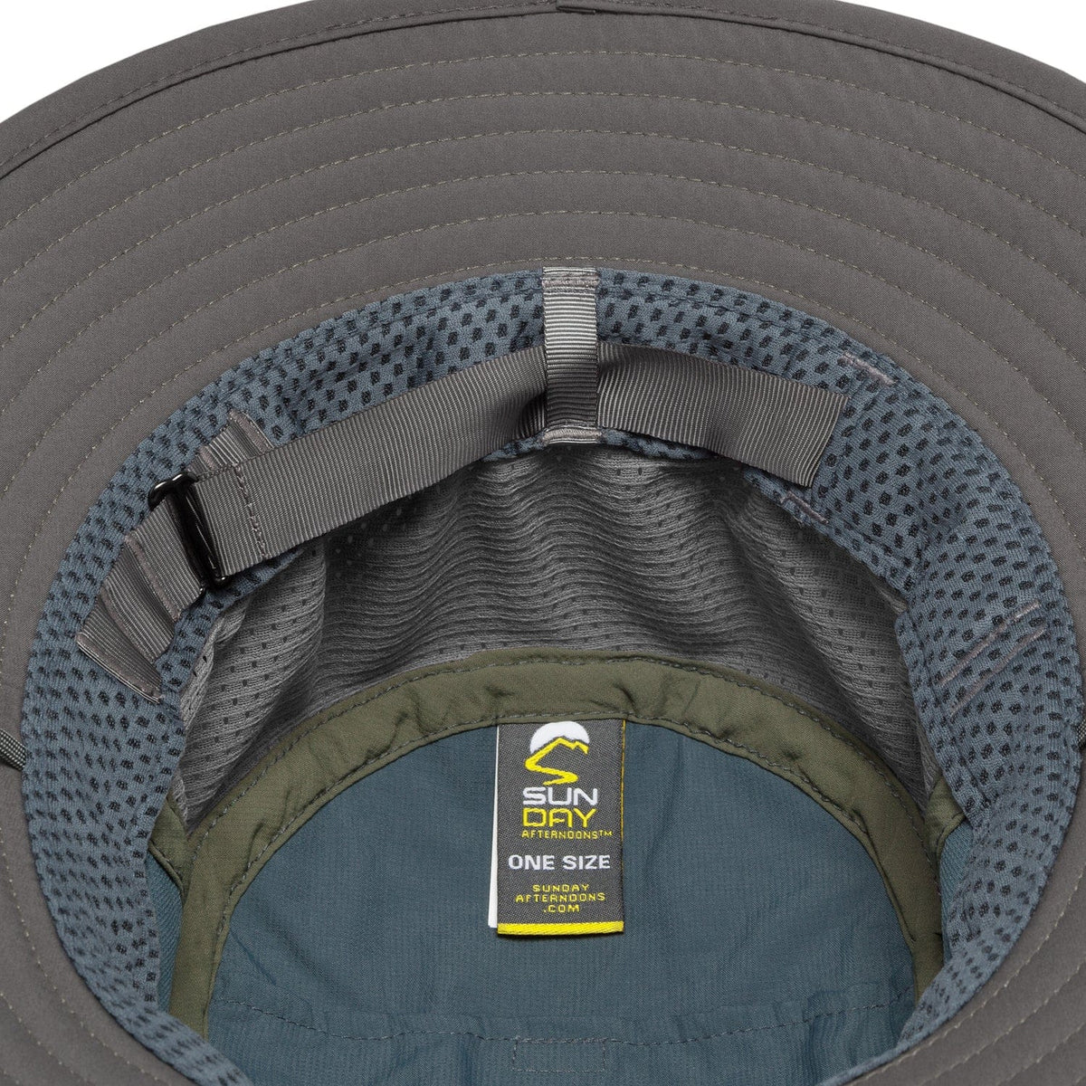 Inside the Brushline Bucket crown showing the adjustable band, hook and wicking sweatband