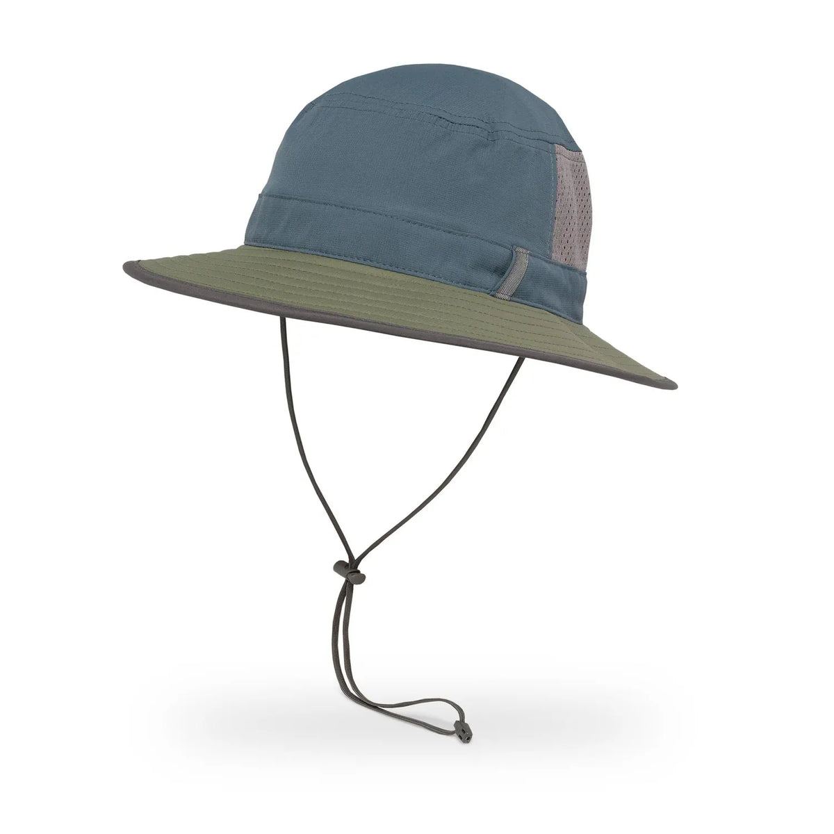 Brushline Bucket in Mineral/Timber, blue crown and green brim, with chinstrap