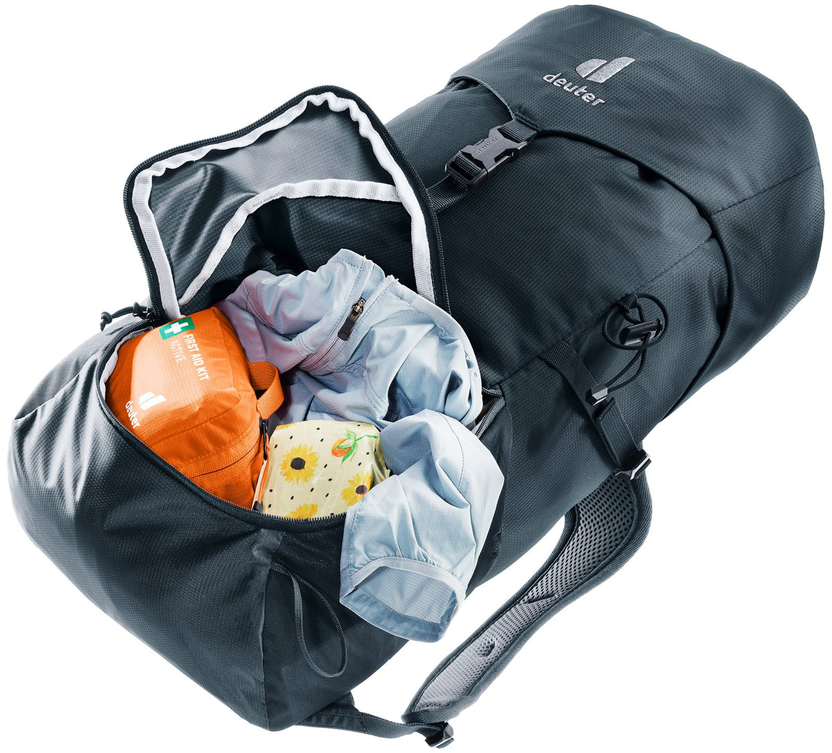 Deuter Telatie 24 SL J-zip front opening unzipped, showing lunch and clothes inside