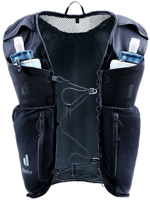 Front of the Deuter Traick 5 with two soft flasks in the shoulder strap pouches
