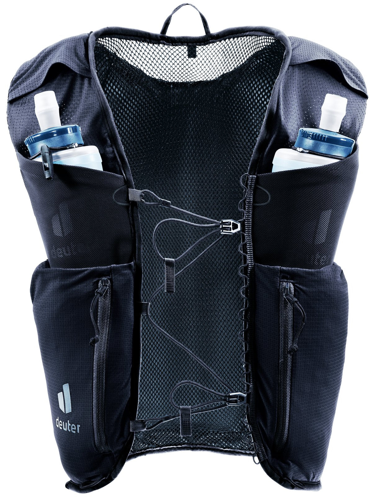 Front of the Deuter Traick 5 SL with two soft flasks and bungee sternum closure