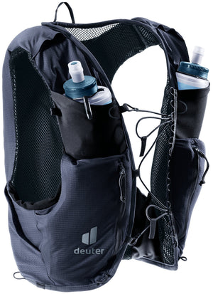 Deuter Traick 9 front three-quarter view with soft flasks and shoulder strap pockets