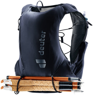 Deuter Traick 9 with folded running poles held across the back by bungee cords