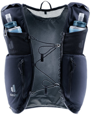 Front of the Deuter Traick 9 with two soft flasks in the shoulder strap pouches and bungee sternum closure