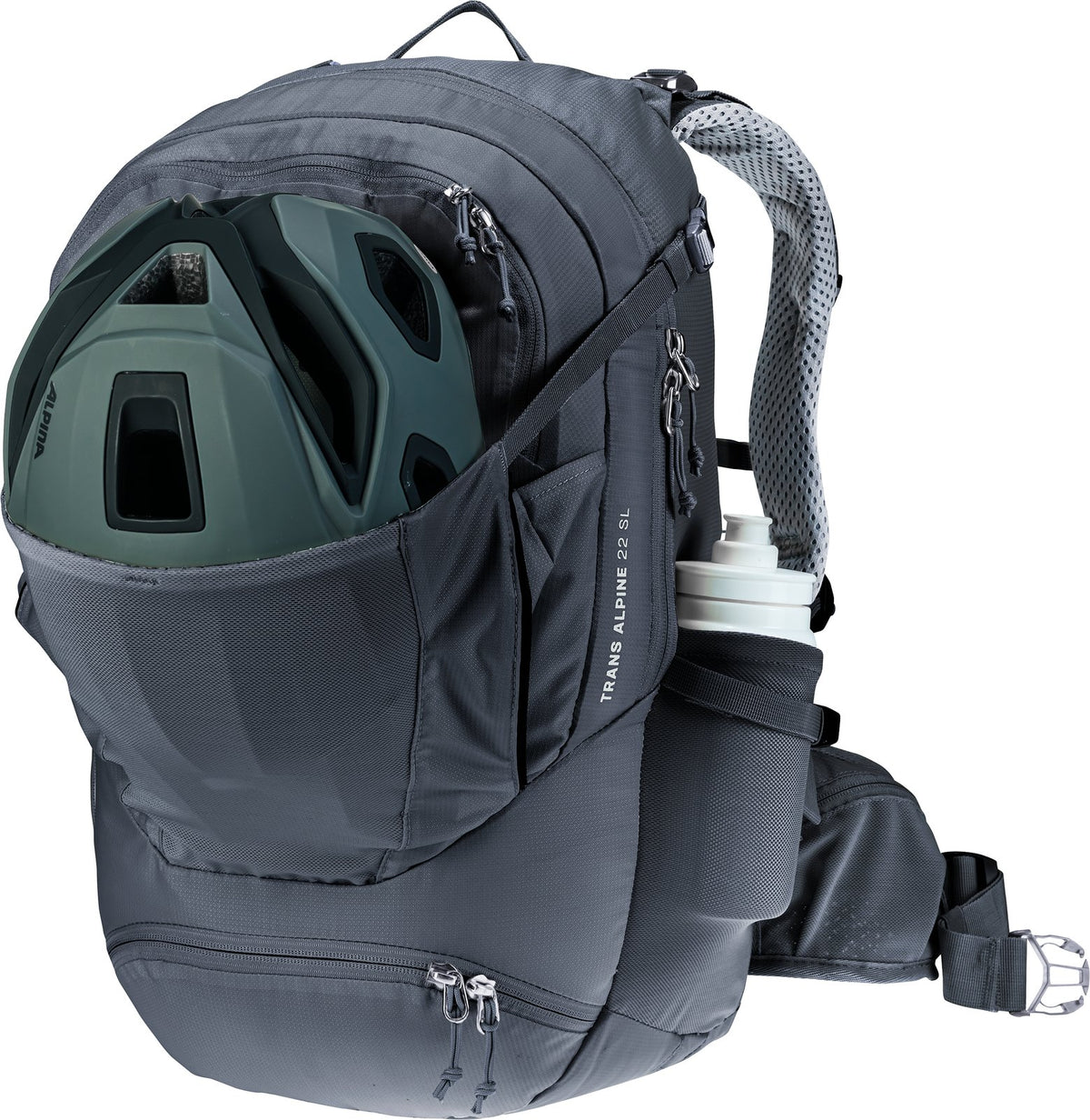 Deuter Trans Alpine 22 SL with a bike helmet in the front stash pocket and bottle at the side