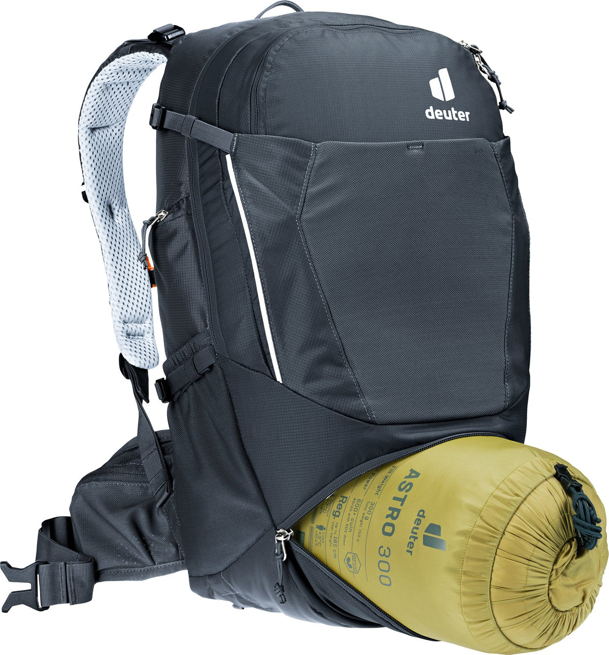 Deuter Trans Alpine 24 lower section unzipped with a sleeping bag stowed below the divider