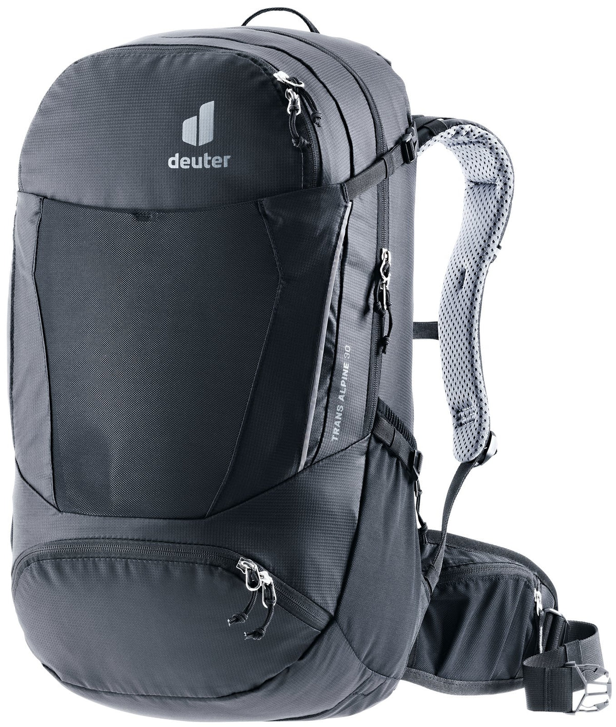 Deuter Trans Alpine 30 bike touring backpack in Black, front three-quarter view