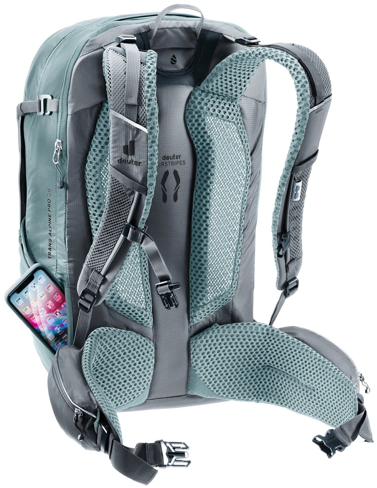Deuter Trans Alpine Pro 28 with a smartphone in a pocket at the hip fin