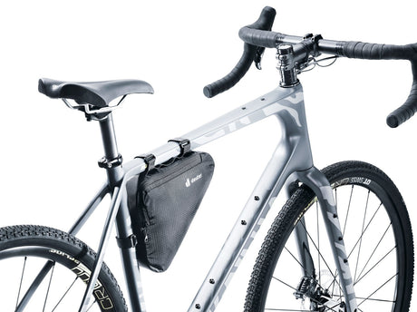 Deuter Triangle Bag 1.7 in Black strapped into the frame corner of a grey gravel bike