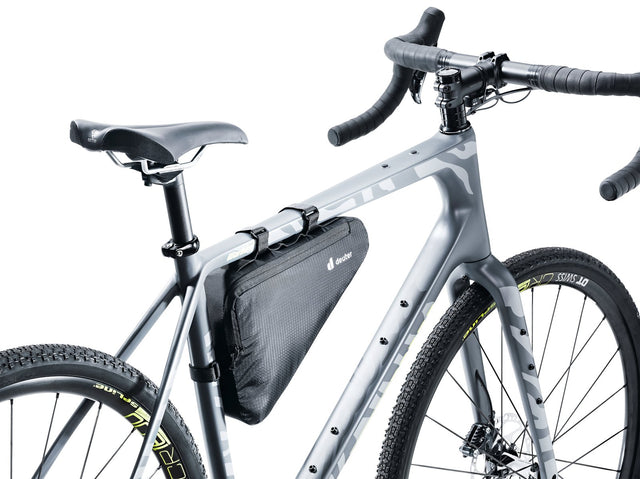 Deuter Triangle Bag 2.2 fitted under the top tube in the frame triangle of a grey gravel bike