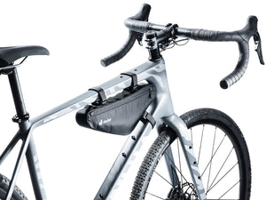 Deuter Triangle Front Bag 1.5 strapped into the front triangle of a grey drop-bar bike