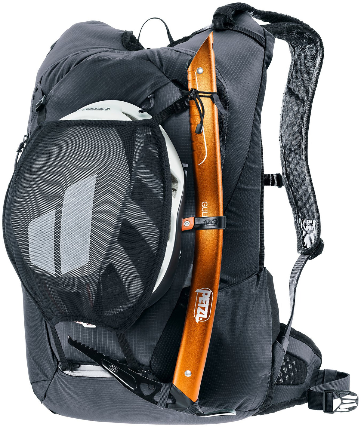 Deuter Updays 20 with a helmet in the helmet net and an ice axe on the side