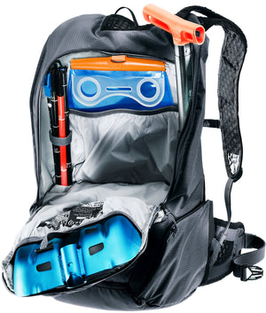 Deuter Updays 20 safety compartment open with a shovel, probe and a hydration bladder in its sleeve