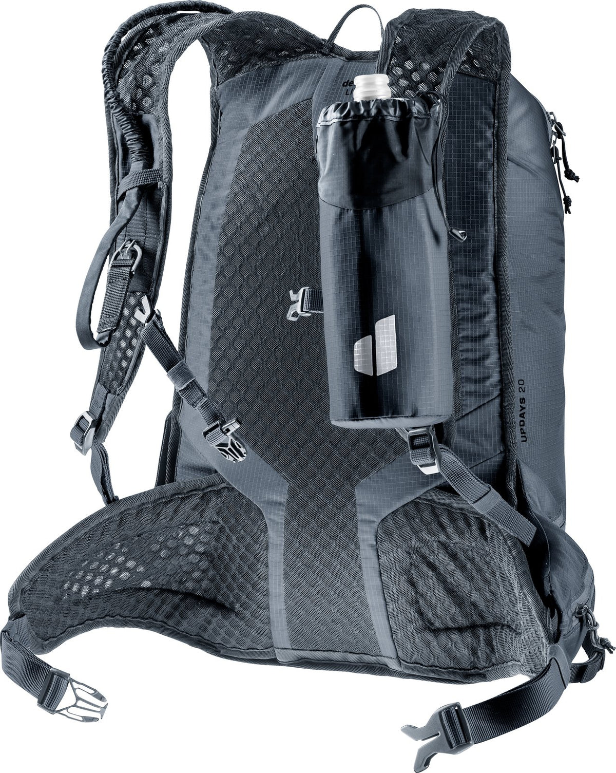 Deuter Updays 20 rear view with a bottle in a holder attached to the shoulder strap