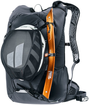 Deuter Updays 26 carrying a helmet in the helmet net and an ice axe on the front