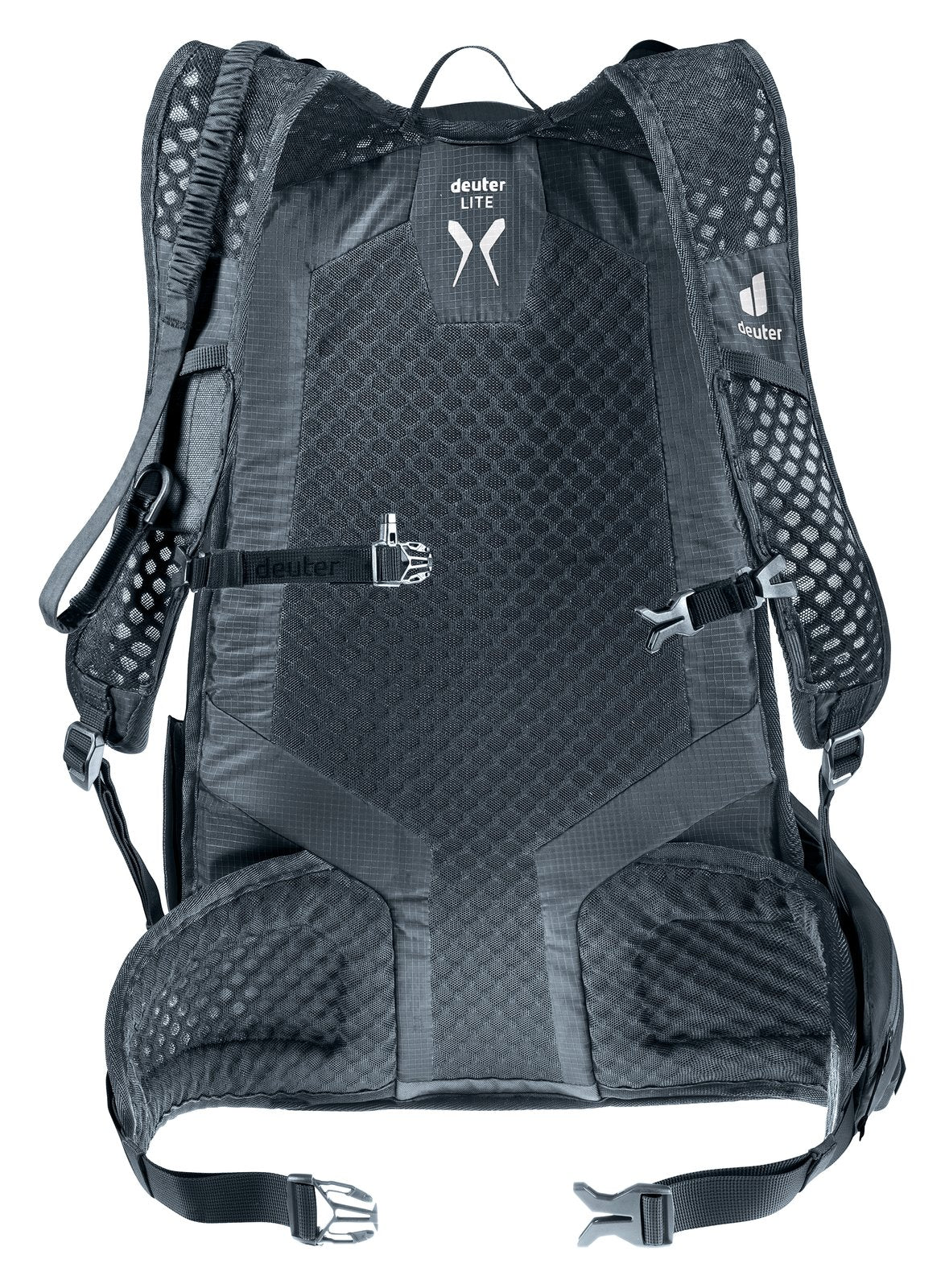 Back of the Deuter Updays 26 showing the Lite back pad, shoulder straps and hip fins