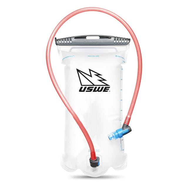USWE hydration bladder with grey slide-top opening, red drink tube and blue bite valve