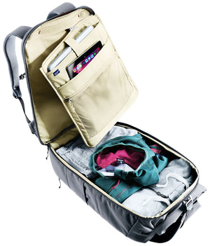 Deuter Utilion 30 back panel unzipped, showing laptop organiser and packed clothes