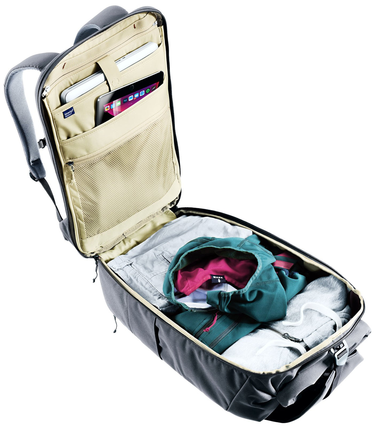 Deuter Utilion 30 opened flat with the zip-in organiser holding a laptop and tablet