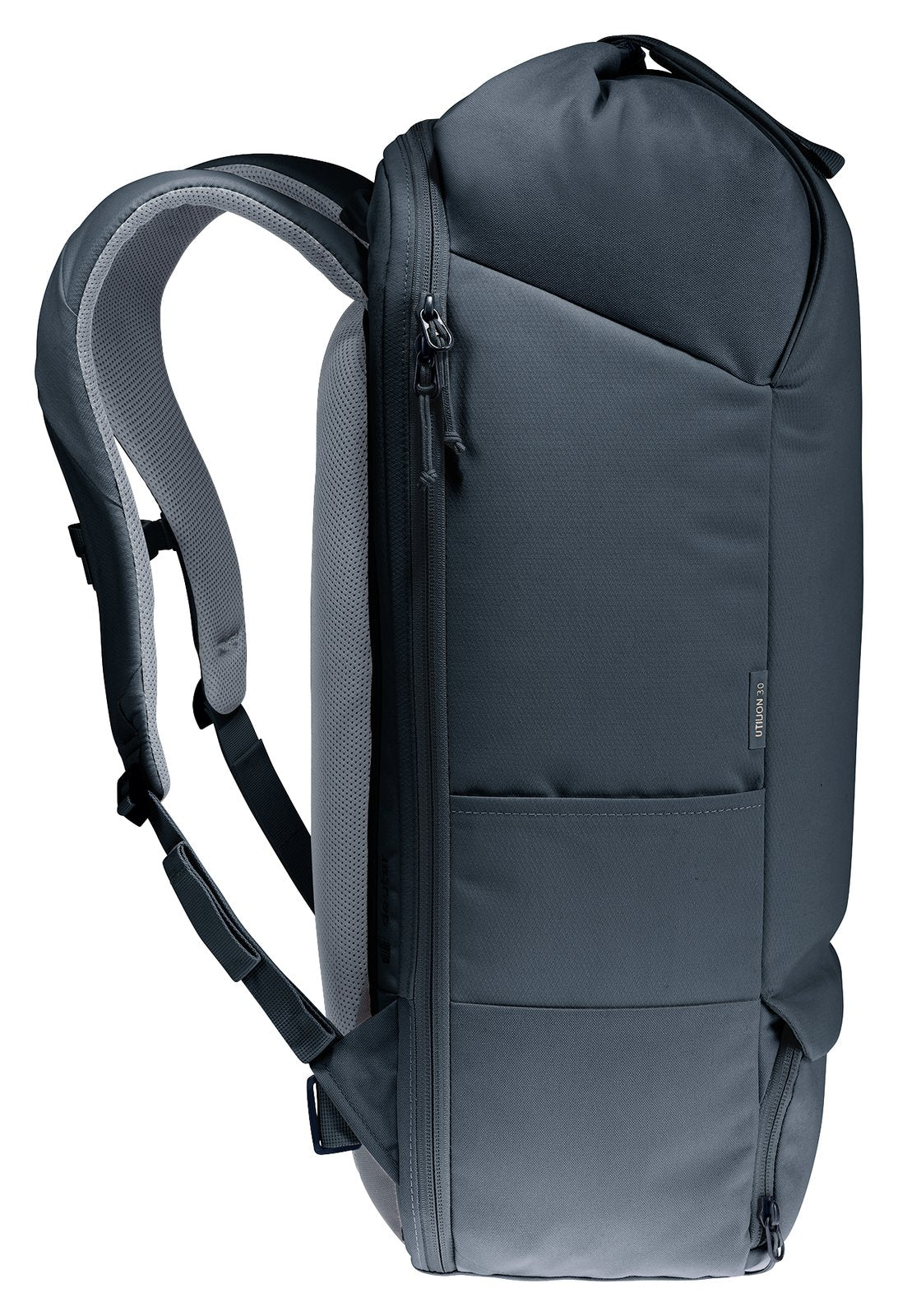 Deuter Utilion 30 in Black, side profile with stretch side pocket