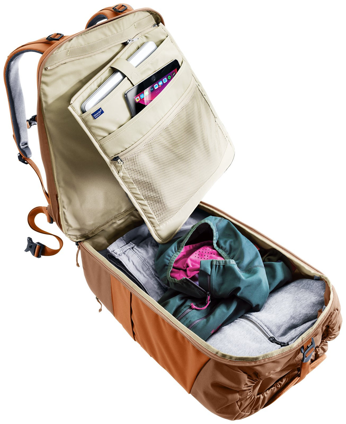 Deuter Utilion 34+5 opened through the back, organiser unit folded forward from the main compartment