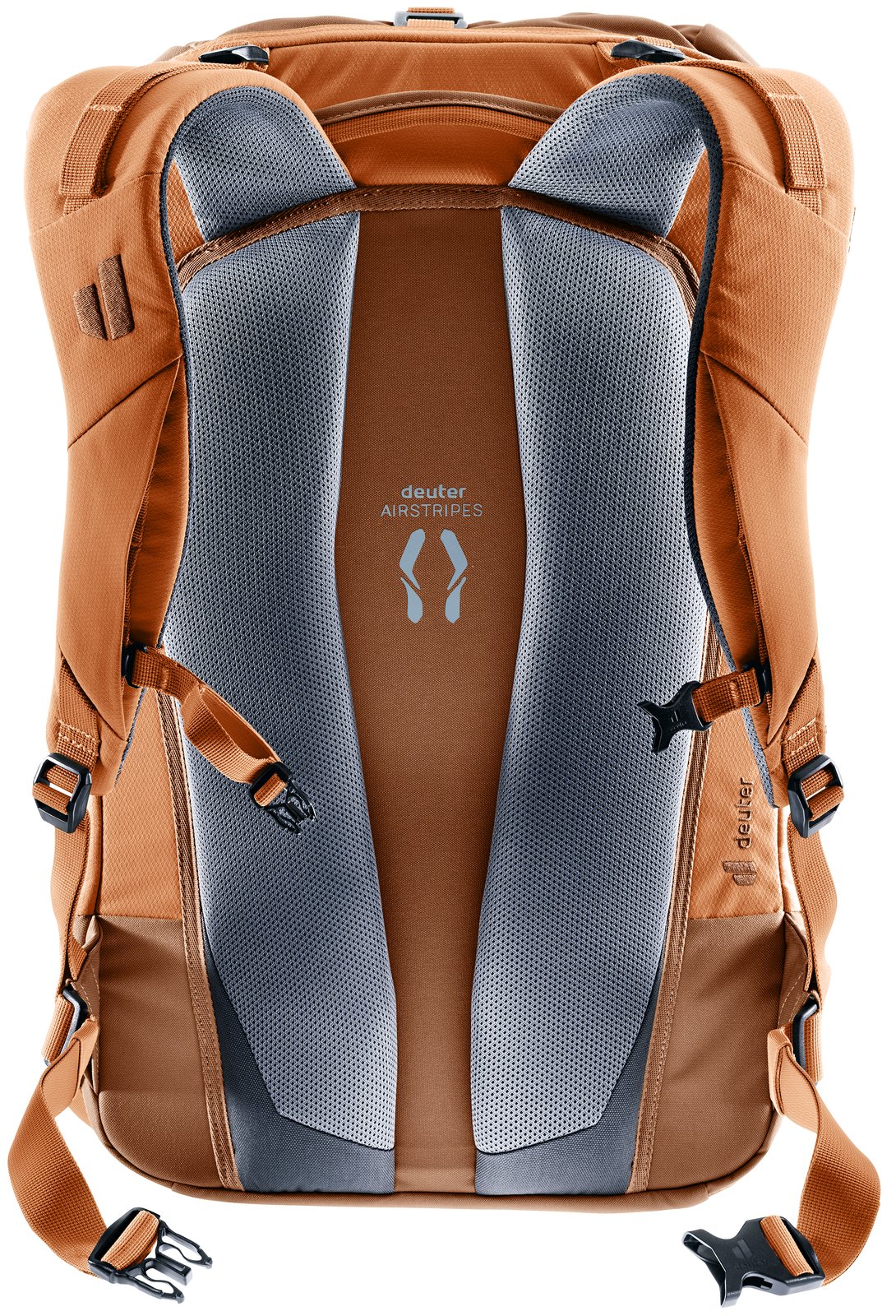 Back of the Deuter Utilion 34+5 showing the Airstripes padding, shoulder straps and hip fins