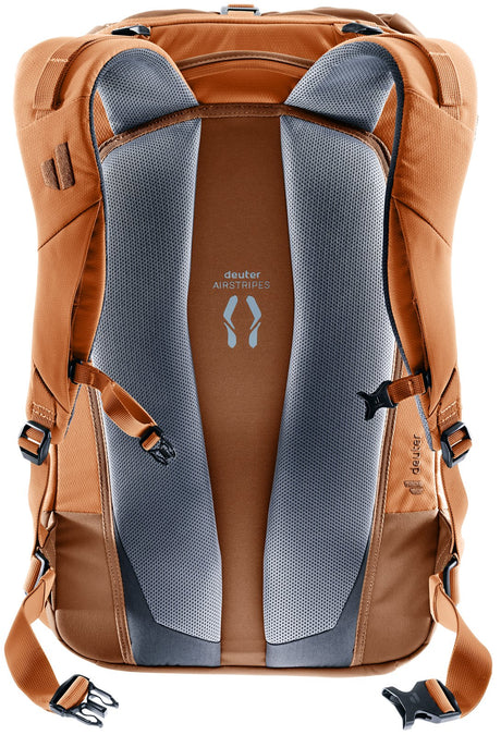 Back of the Deuter Utilion 34+5 showing the Airstripes padding, shoulder straps and hip fins