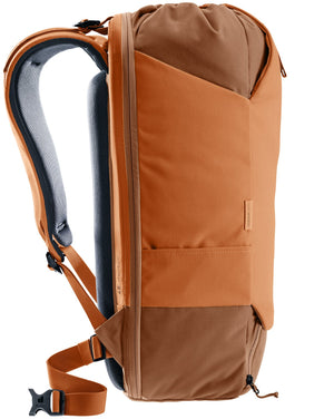 Side profile of the Deuter Utilion 34+5 in Pecan Mocha with stretch side pocket