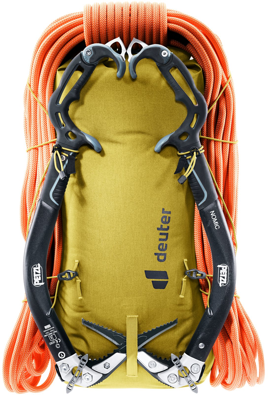 Deuter Vertrail 16 carrying a coiled rope and two ice tools on the front