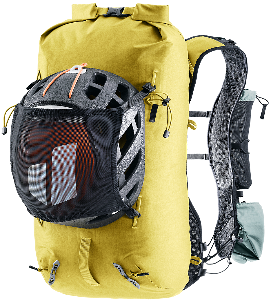 Deuter Vertrail 16 carrying a climbing helmet in the stowable helmet holder