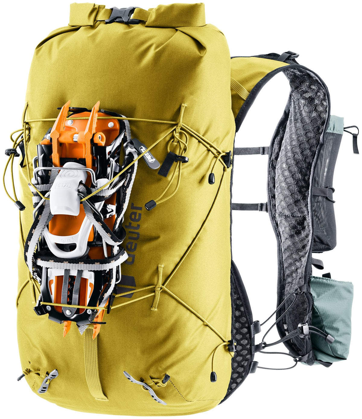 Deuter Vertrail 16 with crampons strapped to the front under the bungee cords