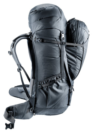 Deuter Voyager 60+10 SL side profile with daypack on the front and compression straps