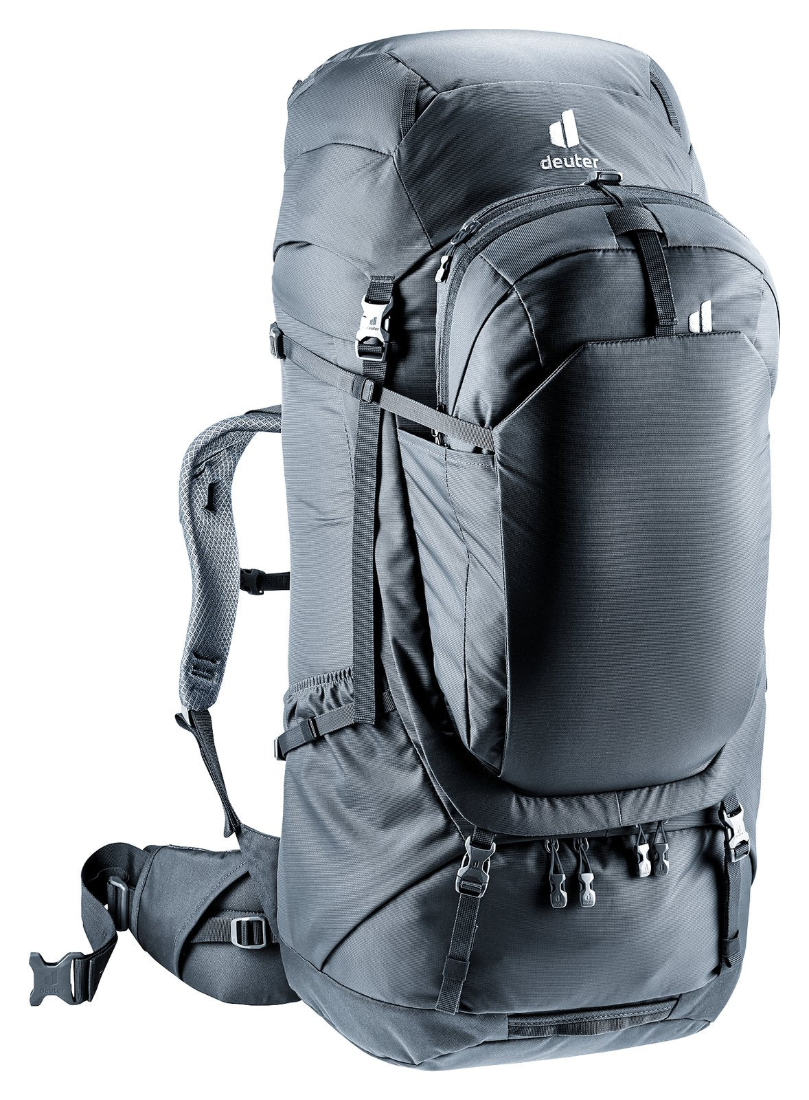 Deuter Voyager 60+10 SL front three-quarter view of the main pack and daypack