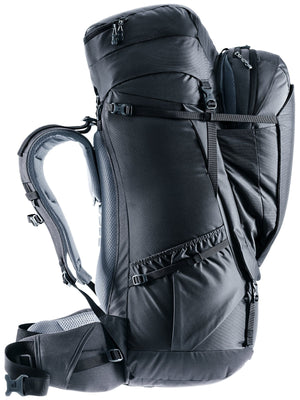 Deuter Voyager 65+10 side profile with the day pack and compression straps