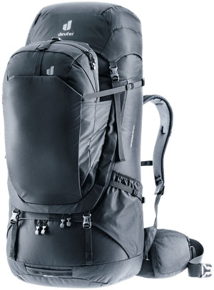 Deuter Voyager 65+10 travel backpack in Black with the day pack attached to the front