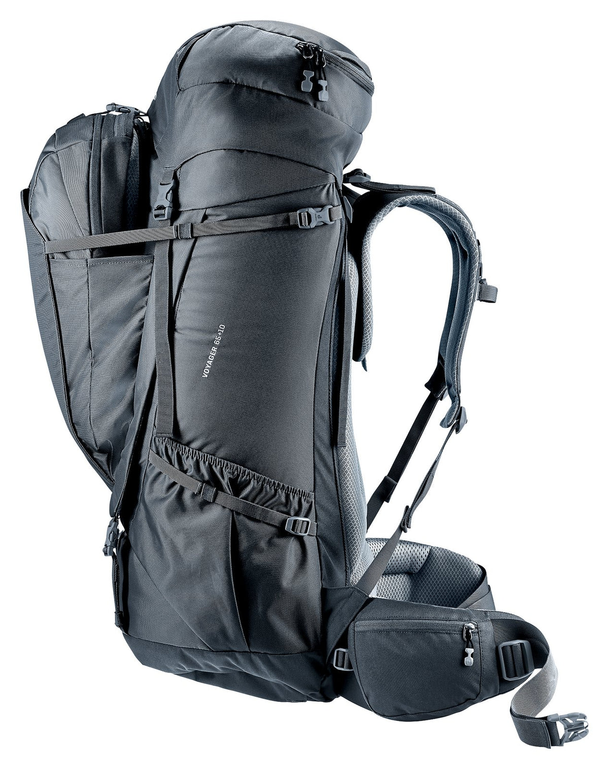 Deuter Voyager 65+10 side view with side pockets and hip fin