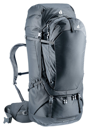 Deuter Voyager 65+10 in Black, three-quarter view with day pack docked