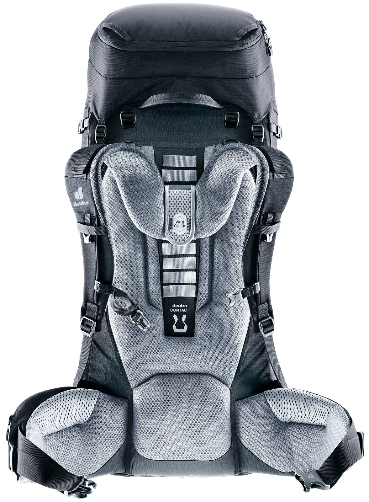 Back of the Deuter Voyager 65+10 showing the Contact back, VariQuick ladder and hip fins