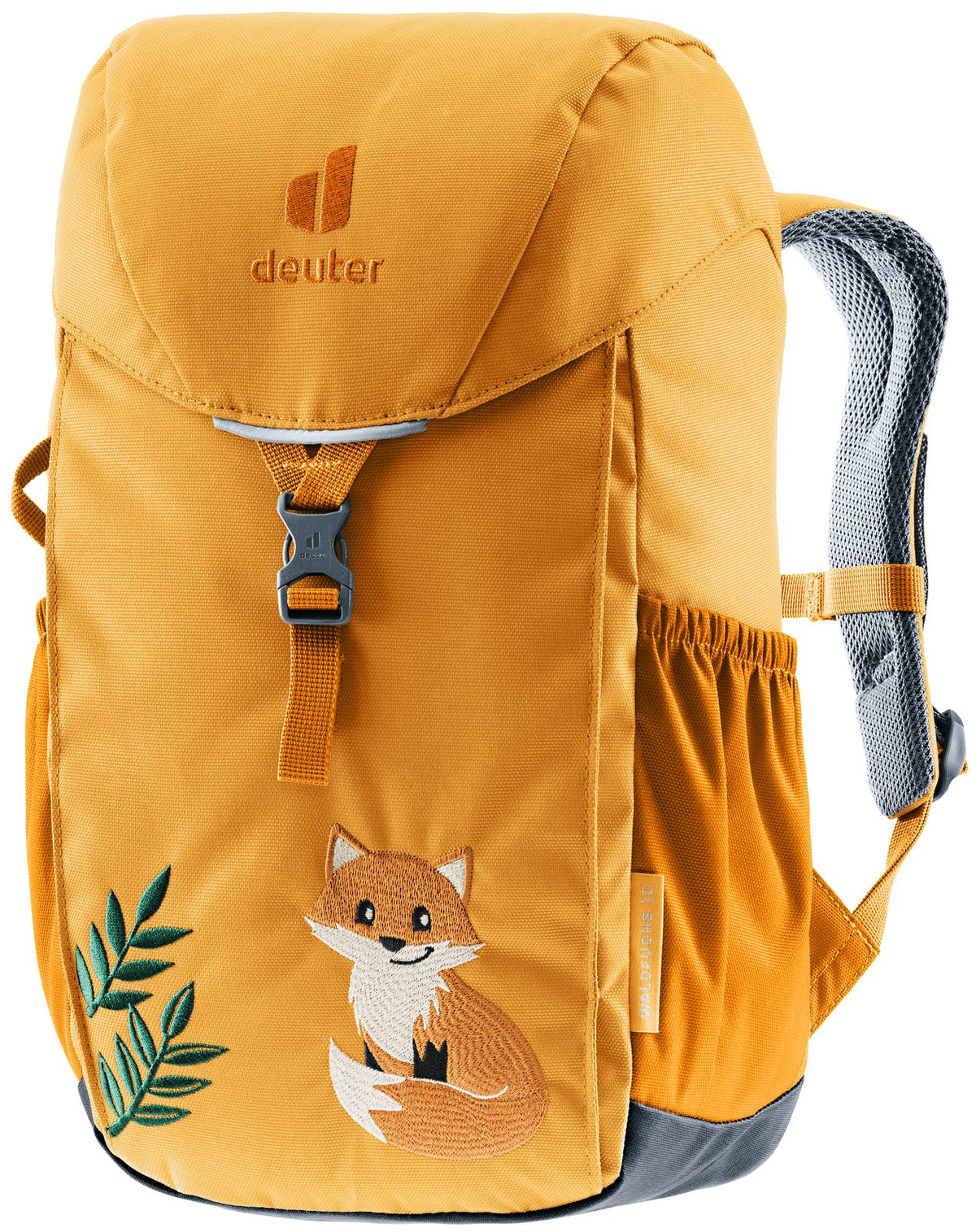 Deuter Waldfuchs 10 kids' backpack in Amber Maple, orange with a fox print, front view