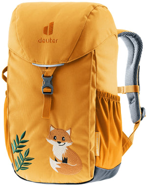 Deuter Waldfuchs 10 kids' backpack in Amber Maple, orange with a fox print, front view