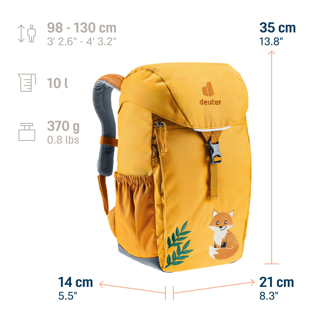 Deuter Waldfuchs 10 size guide: 35 x 21 x 14 cm, 10 litres, 370 g, for children 98-130 cm