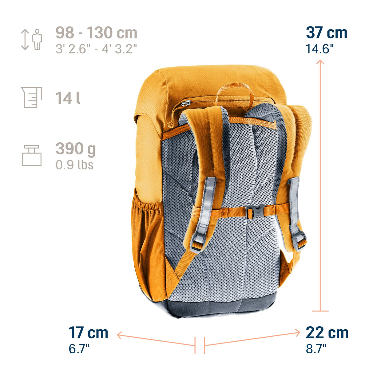 Deuter Waldfuchs 14 size guide: 14 litres, 390 g, for children 98-130 cm tall