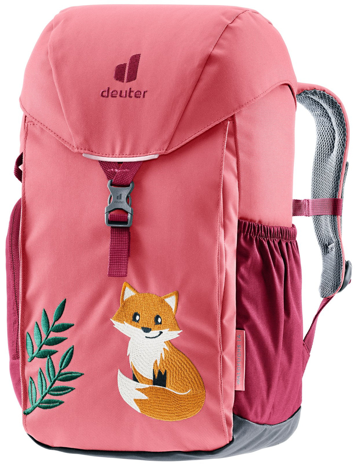 Deuter Waldfuchs 14 in Dahlia Raspberry, pink kids' backpack with fox print