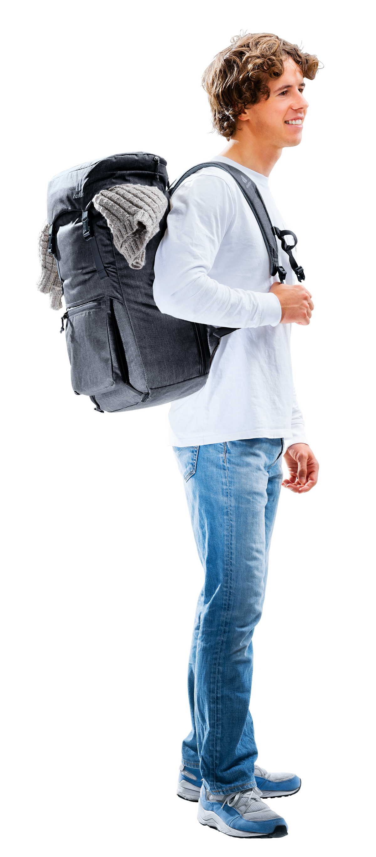 Deuter Walker 24 worn by a young man, with a grey knit jumper tucked under the lid straps